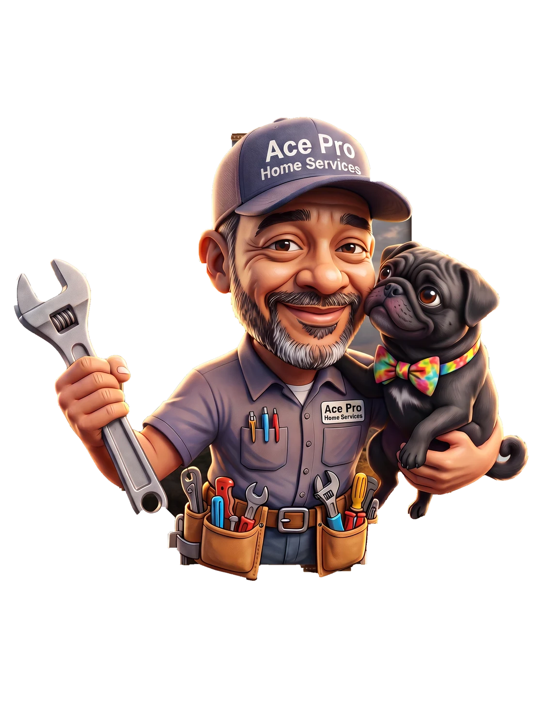 Steve of Ace Pro Home Services holding a wrench with The Boss, his black pug